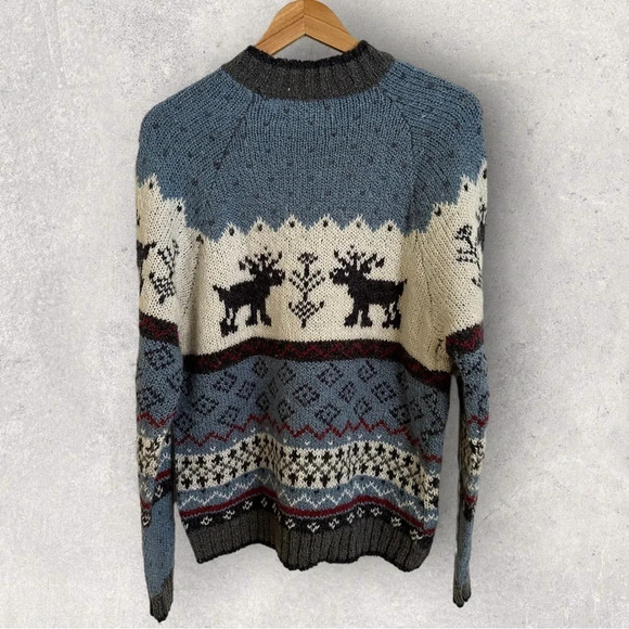 Vintage Baxter & Wells XL Blue Reindeer Fair Isle Mockneck Sweater Cozy Winter - Picture 2 of 5